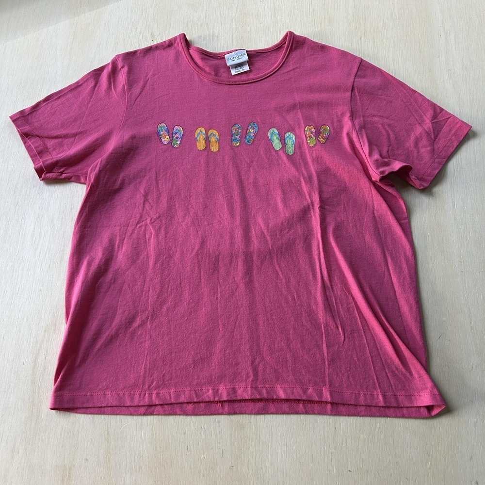 SONOMA Lifestyle Shirt Womens XL Pink Flip Flop Cat Beach Graphic Tee Summer